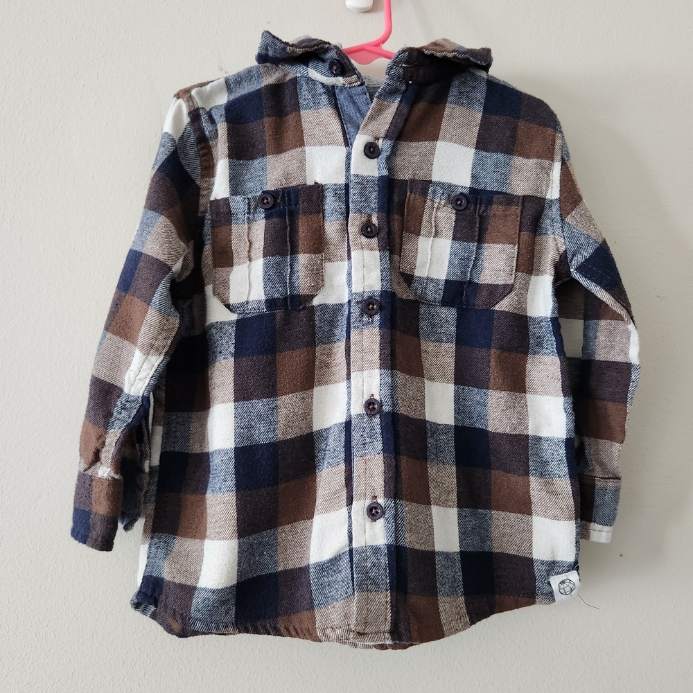 Free Planet Blue and Brown Button Down Shirt Classic Plaid Hooded 4T Toddler Boy